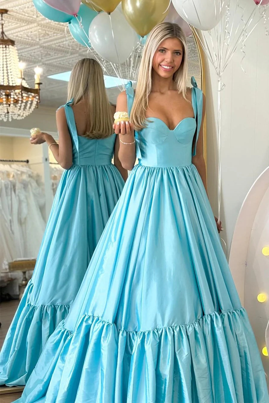 Sweetheart Bow Strap A-Line Long Prom Dress