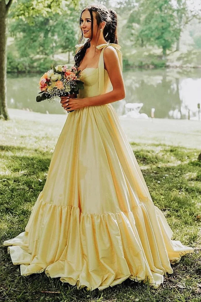 Sweetheart Bow Strap A-Line Long Prom Dress