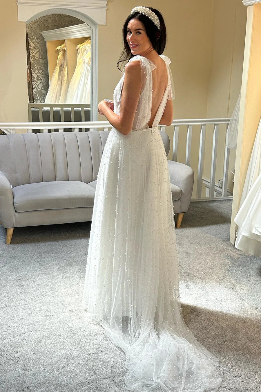 Tulle Pearls Bow Strap A-Line Bridal Gown