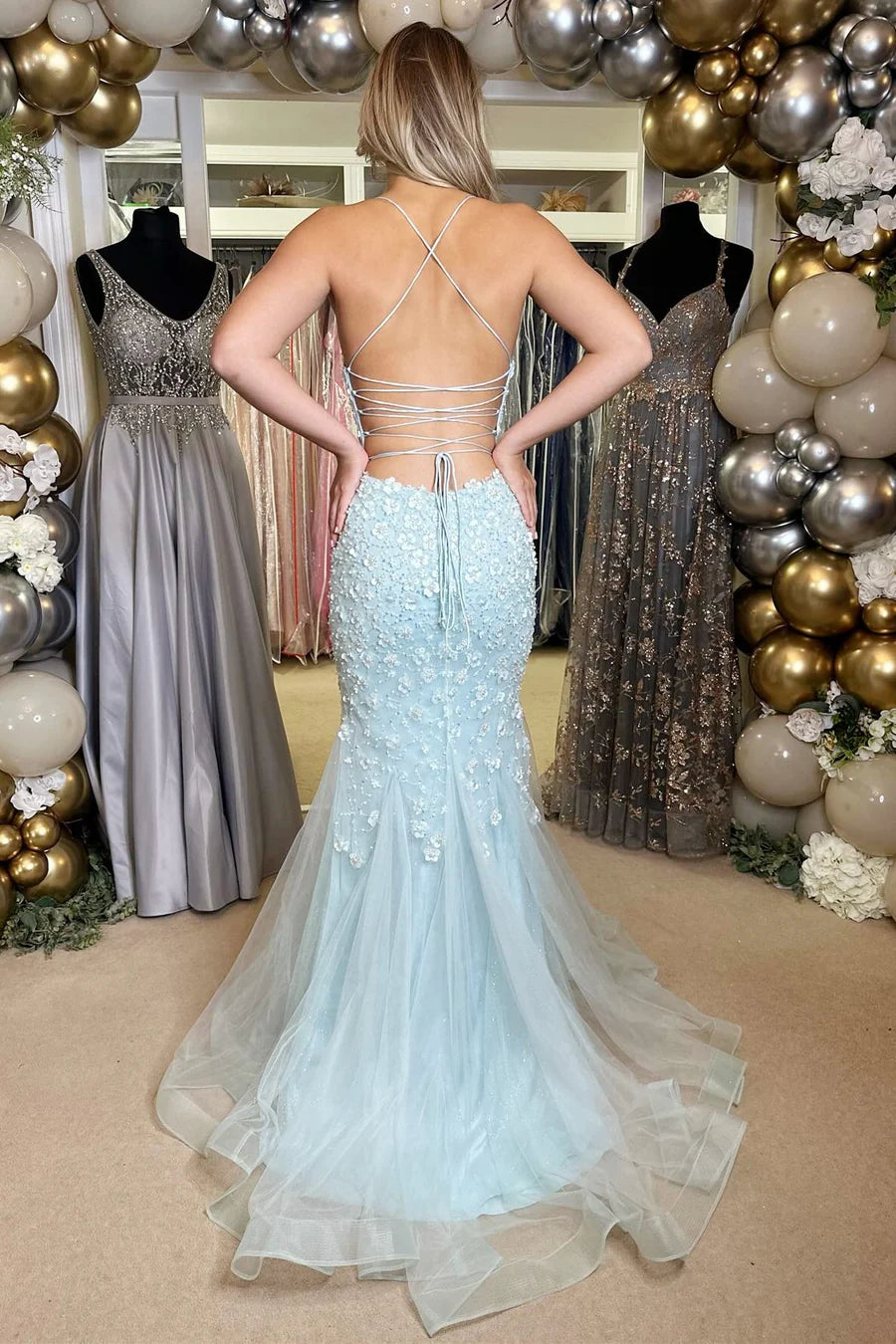 Blue Floral Appliques V-Neck Lace-Up Long Gown