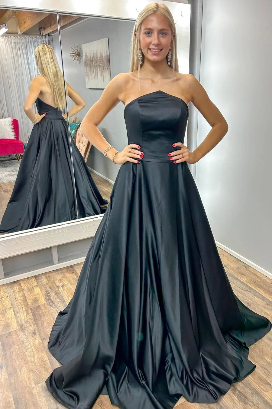 Black Strapless A-Line Long Prom Dress