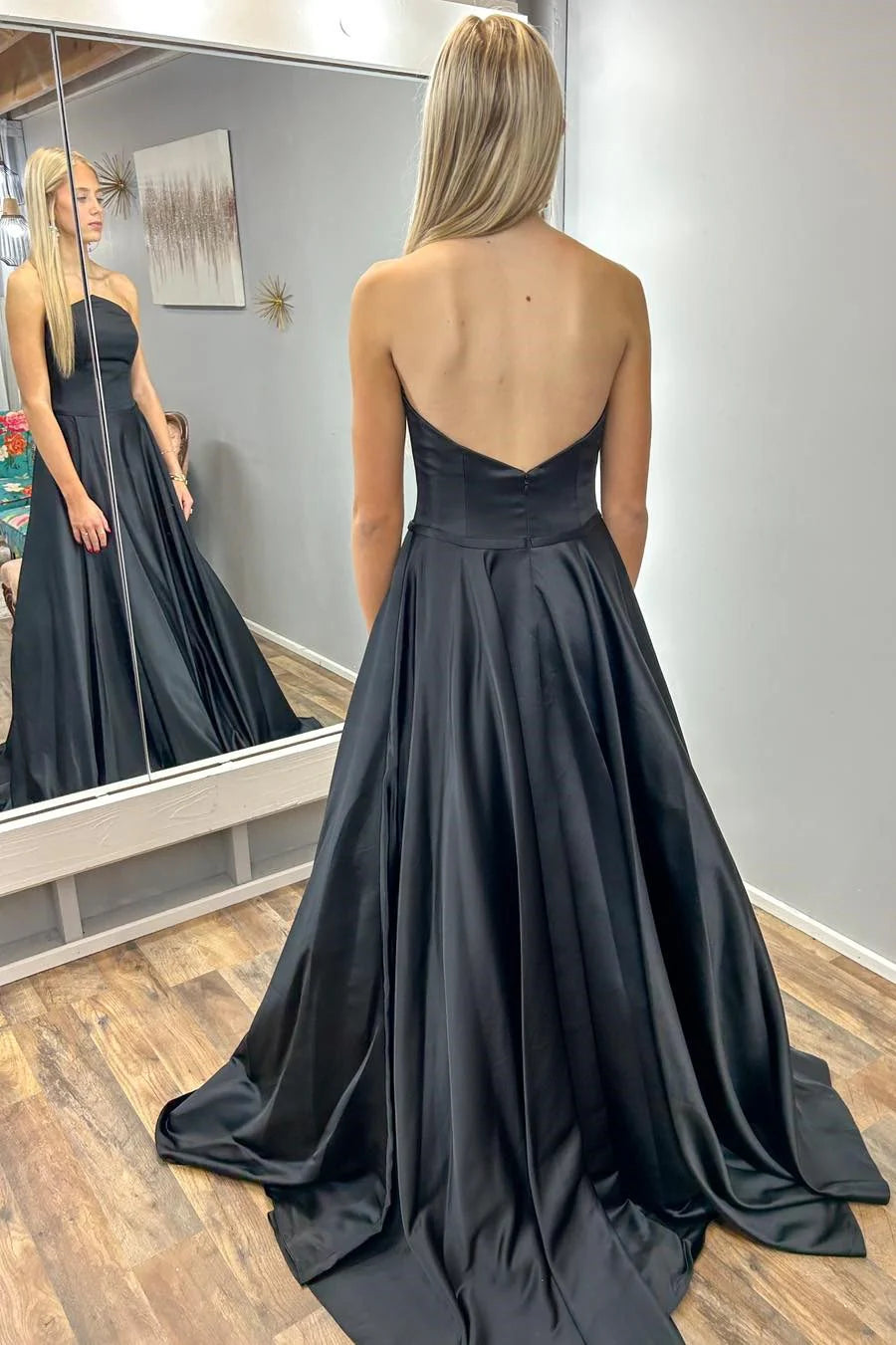 Black Strapless A-Line Long Prom Dress