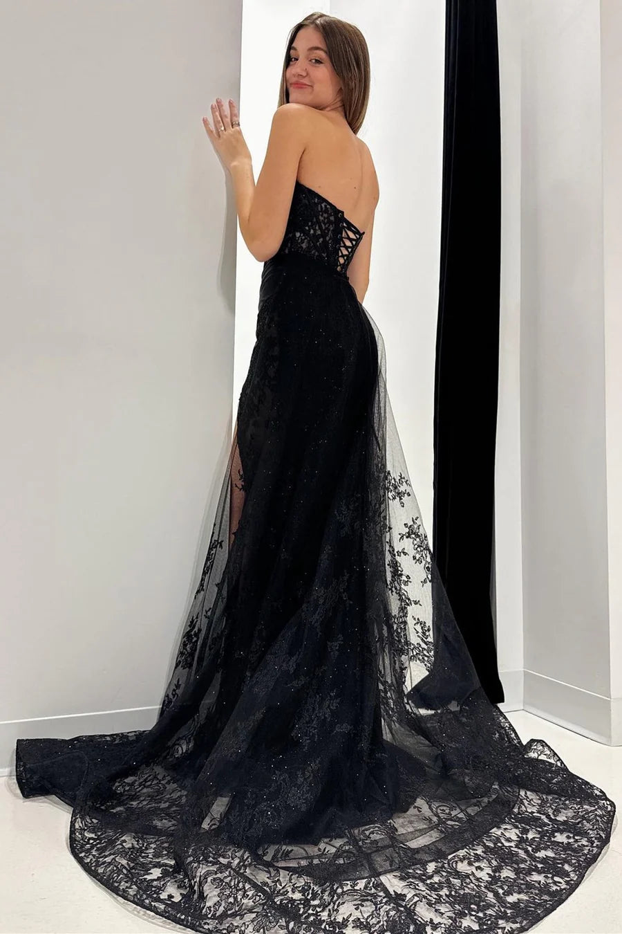 Lace Strapless Long Formal Dress with Attached Train