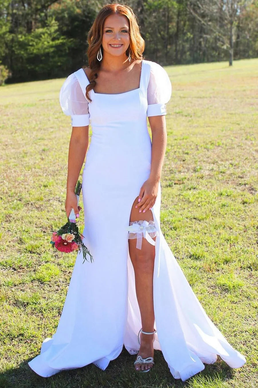 Square Neck Puff Sleeve Mermaid Long Dress with Slit