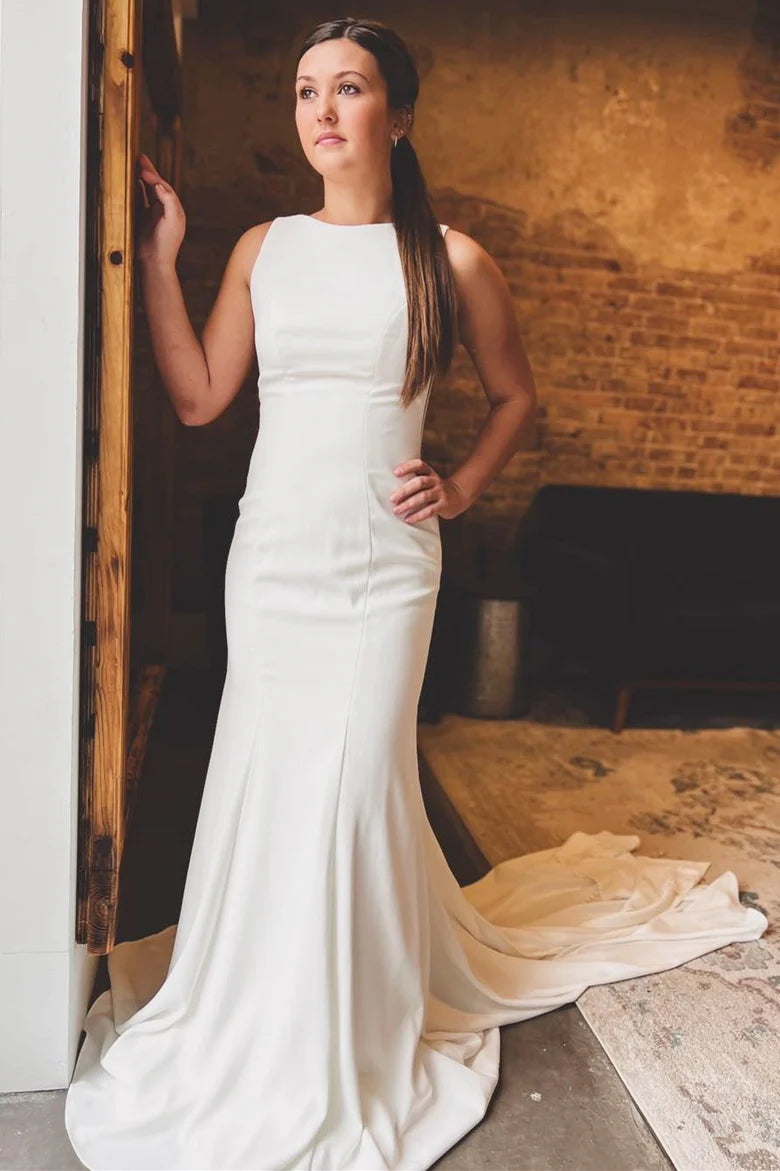 Bateau Cutout Back Trumpet Long Wedding Dress