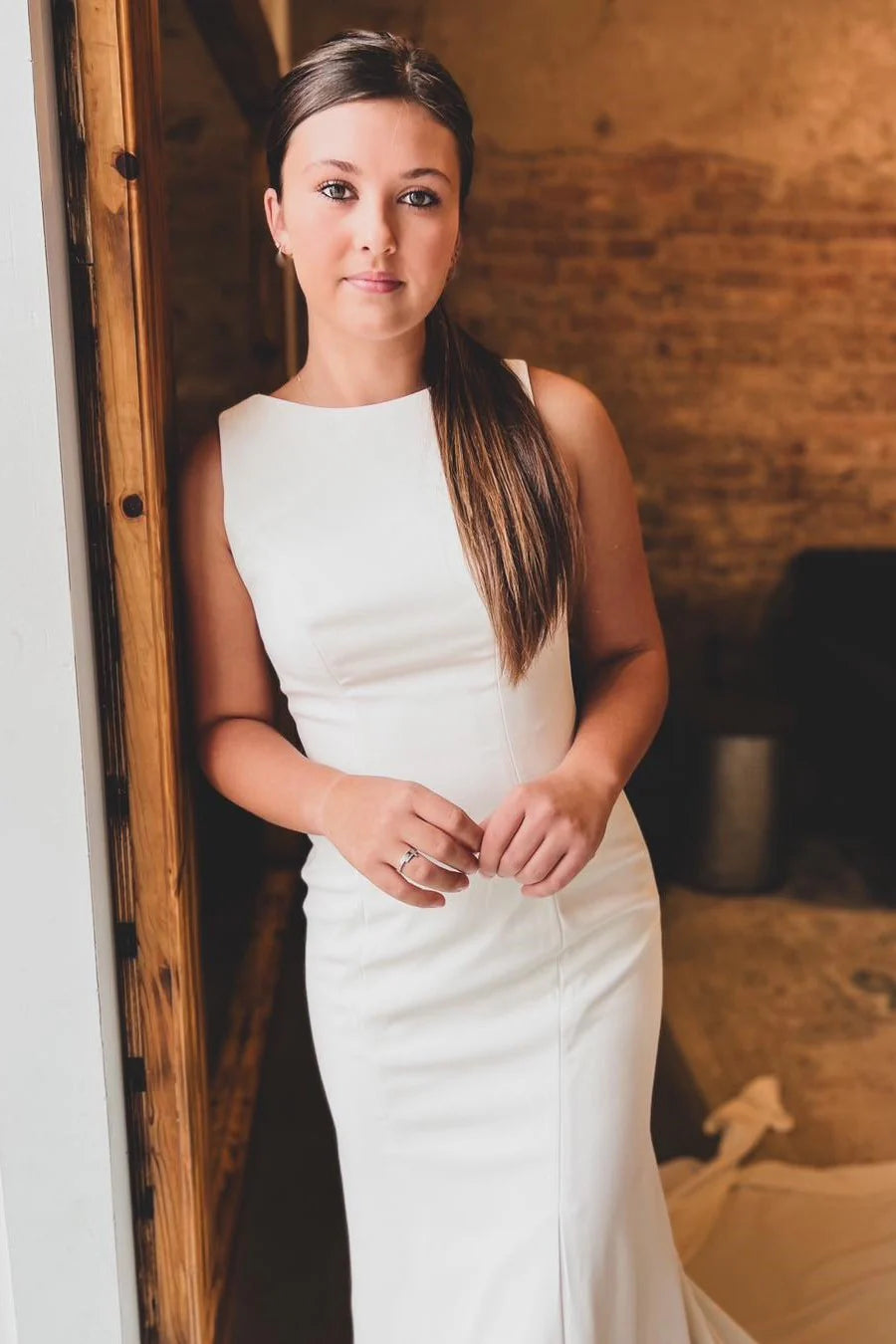 Bateau Cutout Back Trumpet Long Wedding Dress