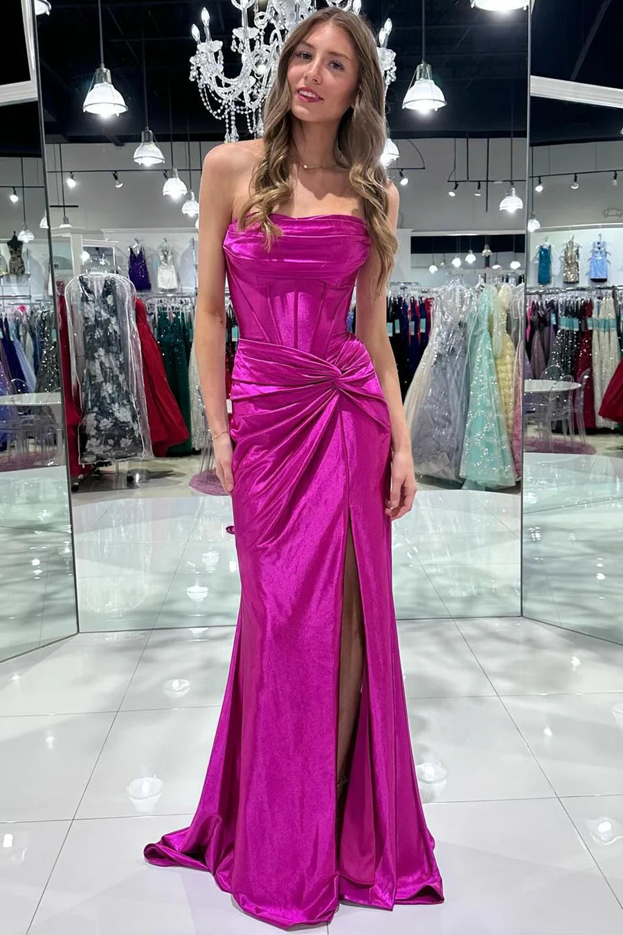 Strapless Twist-Front Mermaid Long Dress with Slit