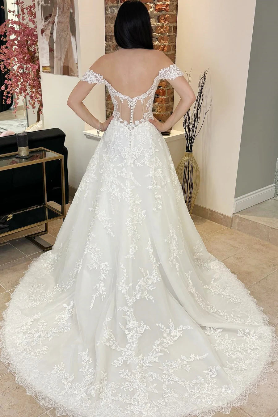 Appliques Off-the-Shoulder Sheer Back Long Wedding Dress