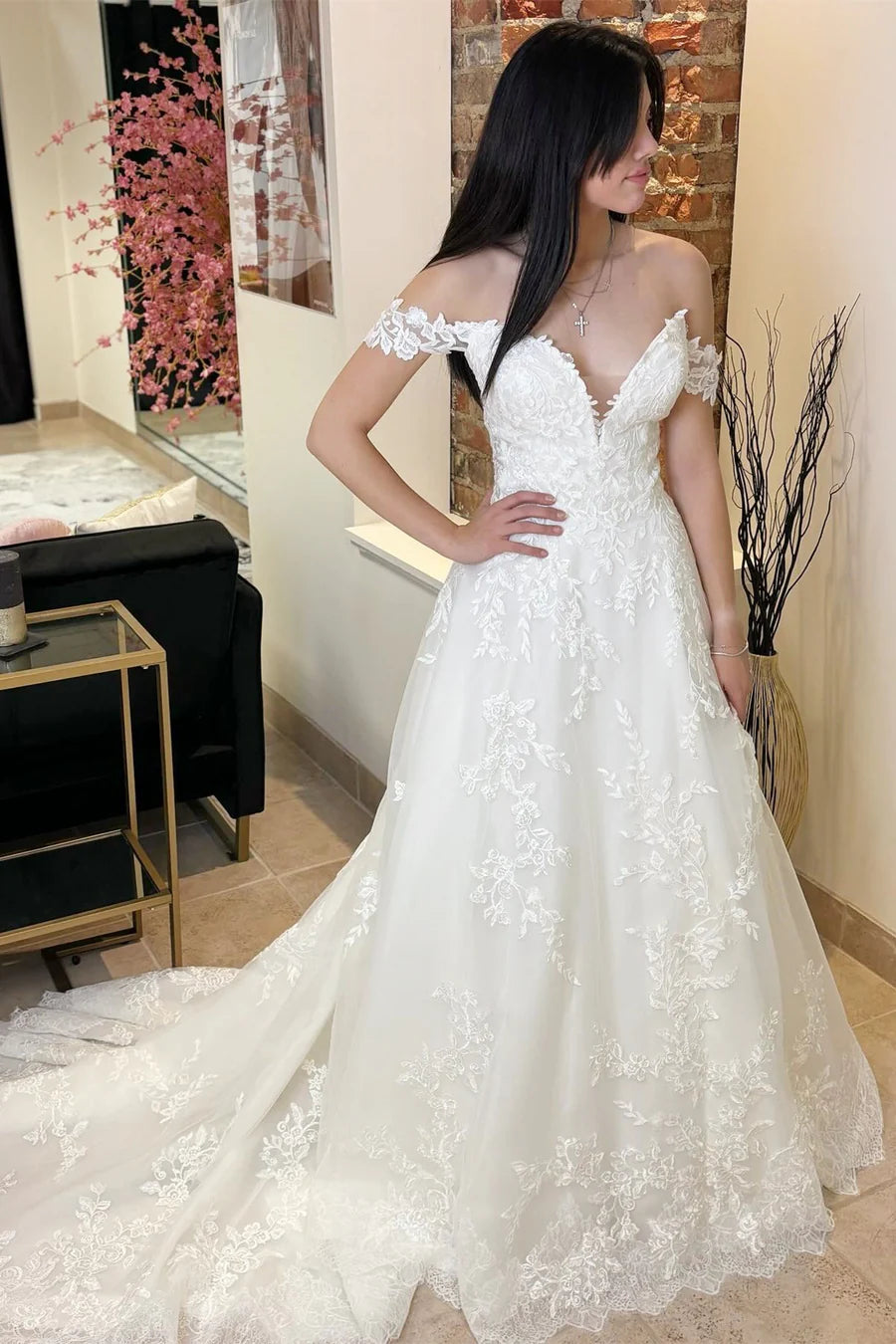 Appliques Off-the-Shoulder Sheer Back Long Wedding Dress
