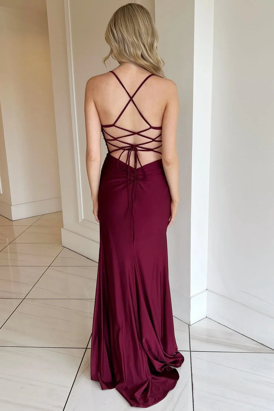 V-Neck Lace-Up Long Formal Dress with Slit