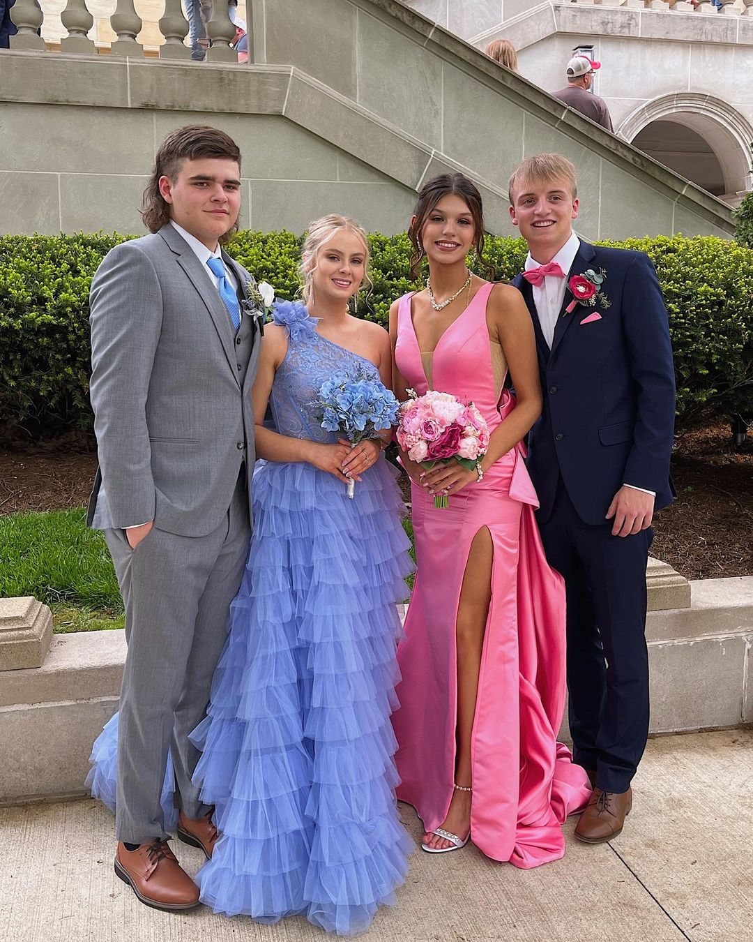 Cute Mermaid V Neck Pink Satin Long Prom Dresses with Big Bow