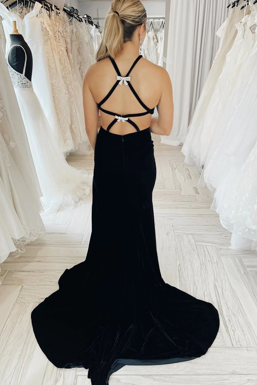 Velvet Halter Cutout Mermaid Long Formal Dress with Slit