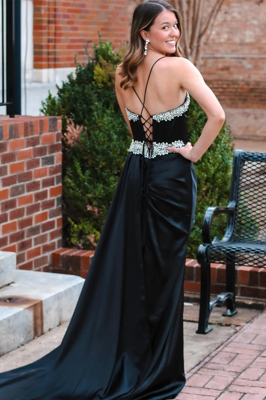 Rhinestone V-Neck Long Formal Dress with Attached Train