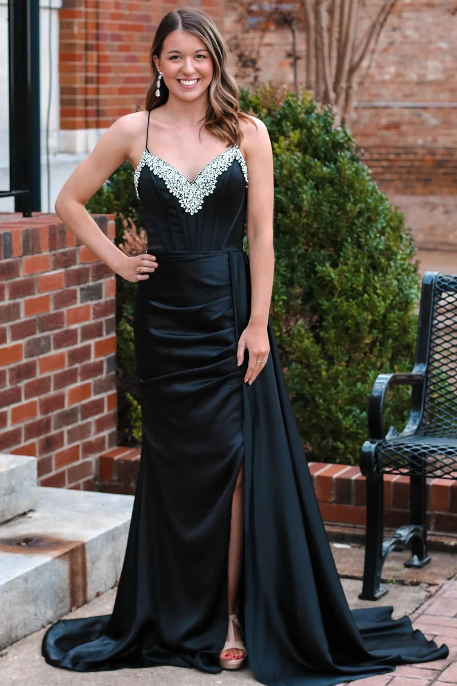 Rhinestone V-Neck Long Formal Dress with Attached Train