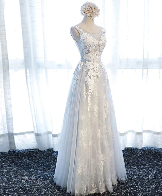 Round Neck Tulle Lace Applique Long Prom Dress