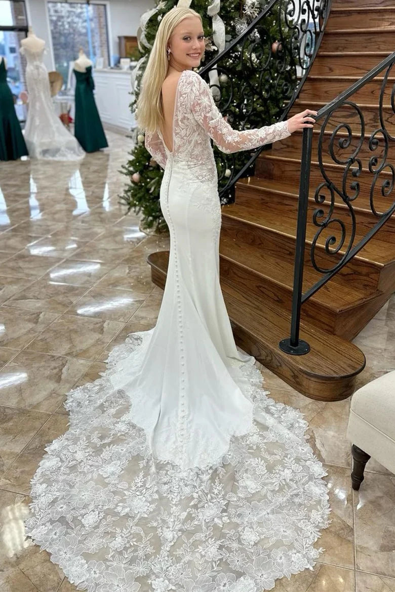 Appliques Plunge V Mermaid Bridal Gown with Long Sleeves