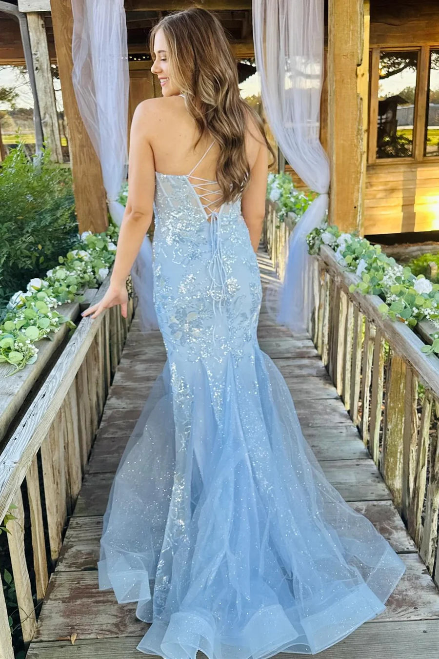 Sequin-Embroidered Trumpet Long Gown