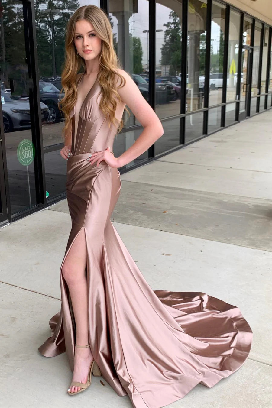 Navy Halter Mermaid Long Formal Dress with Slit