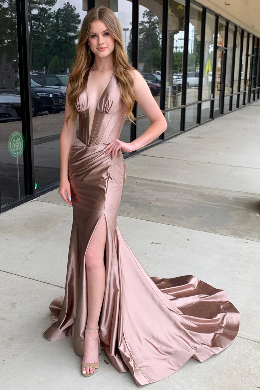 Navy Halter Mermaid Long Formal Dress with Slit