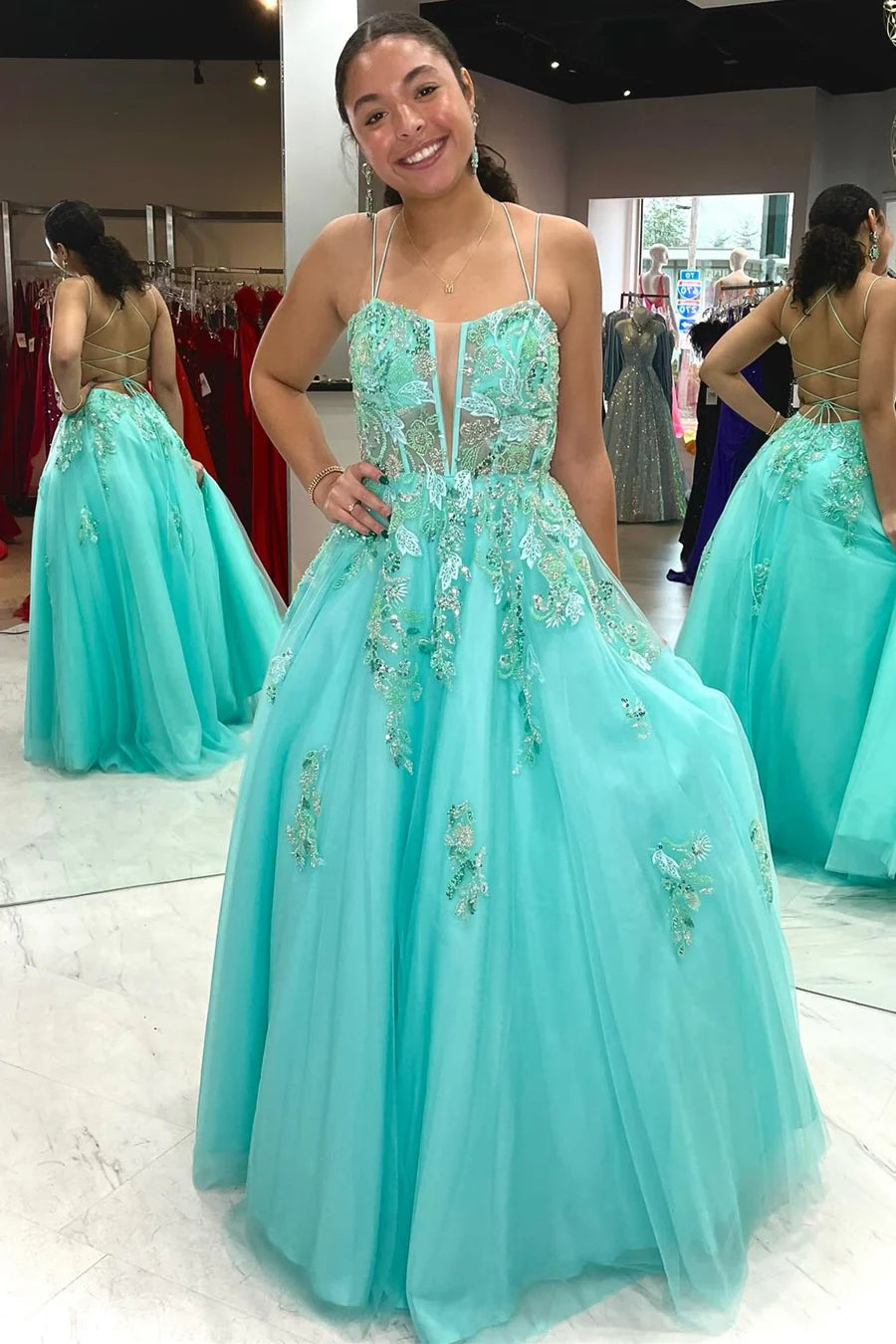 Lace-Up Tulle Prom Dress with Appliques