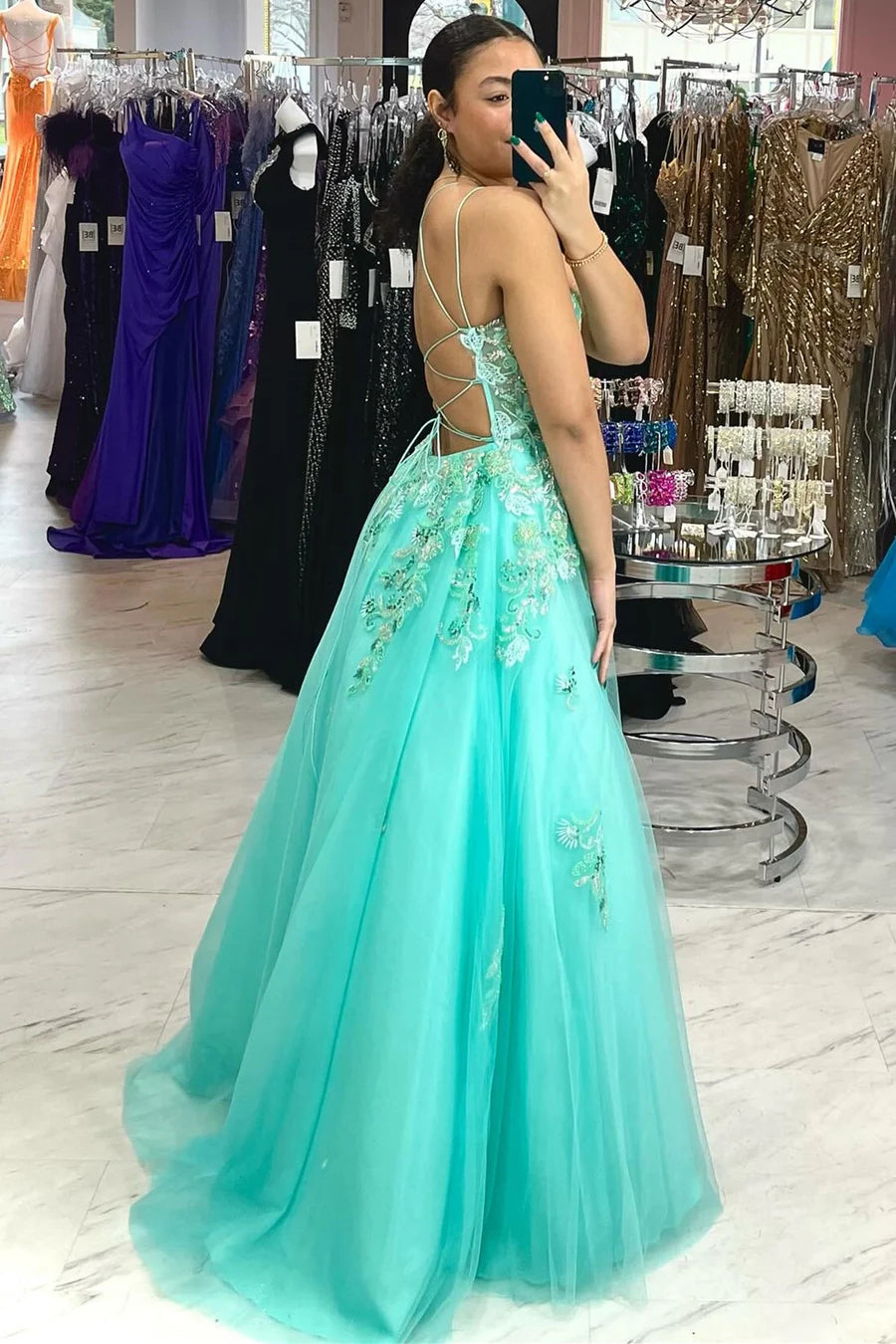 Lace-Up Tulle Prom Dress with Appliques