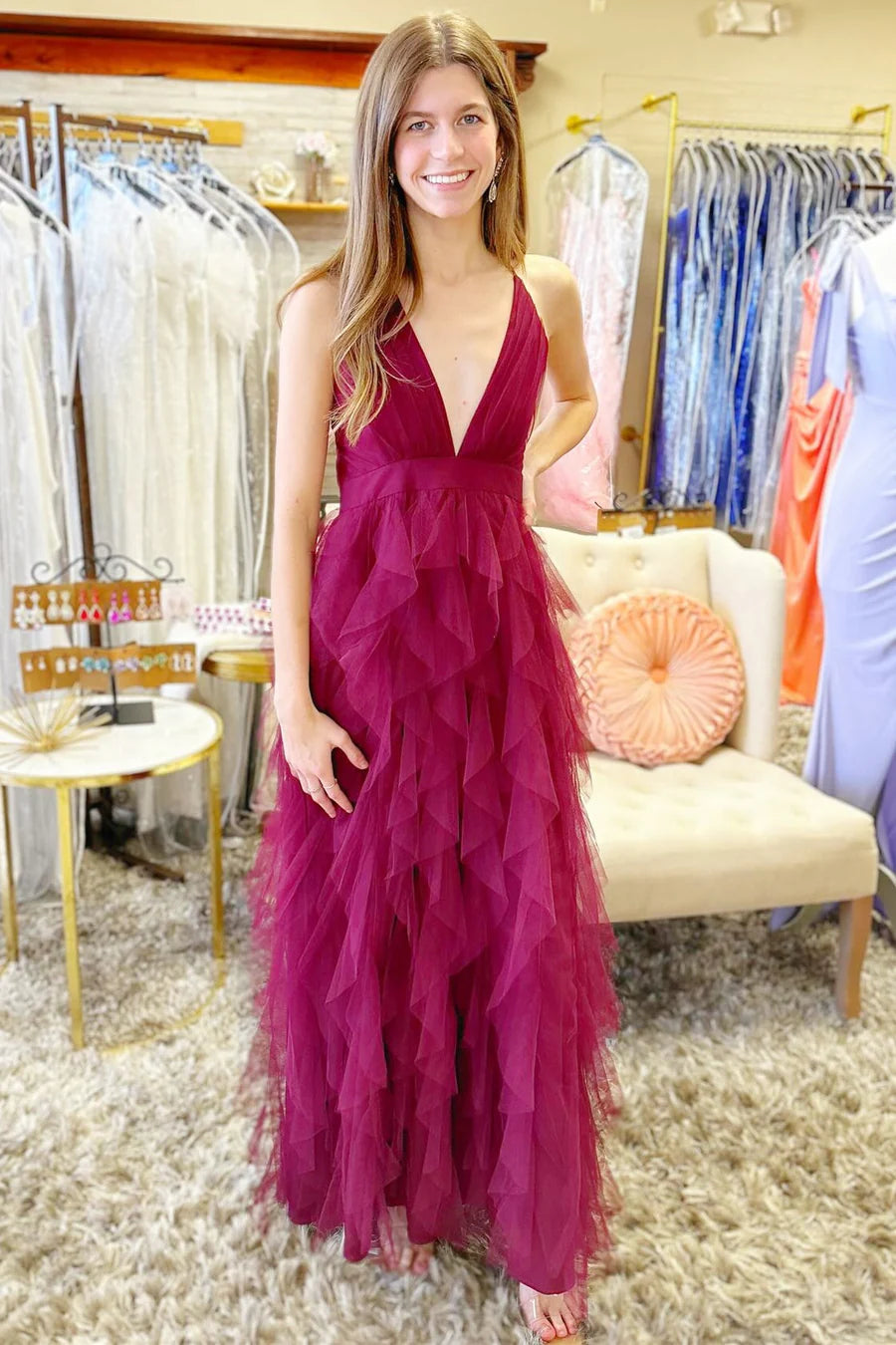 Plunge V Ruffle Maxi Dress in Smoky Blue