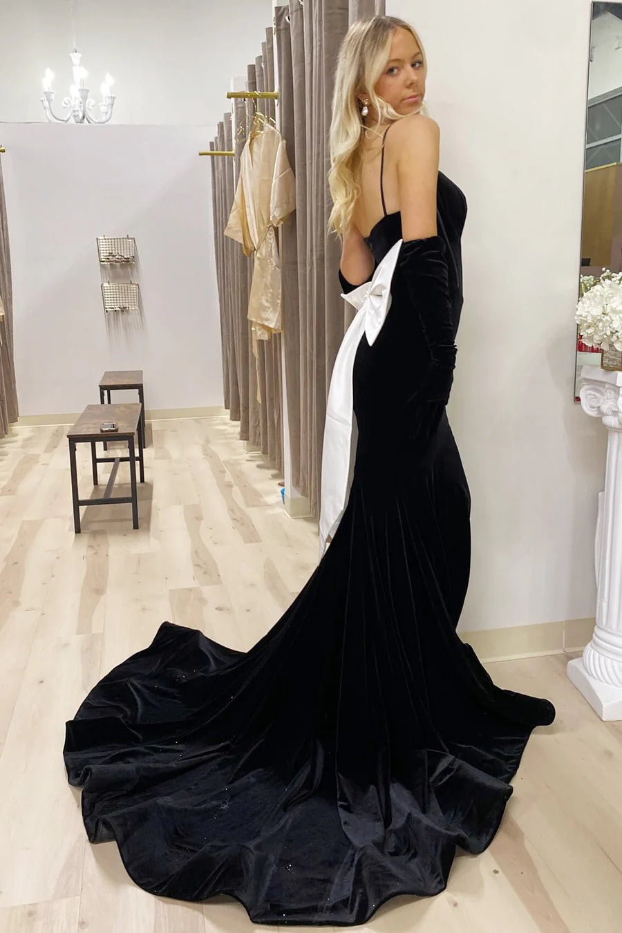 Spaghetti Strap Bow-Back Trumpet Velvet Long Gown