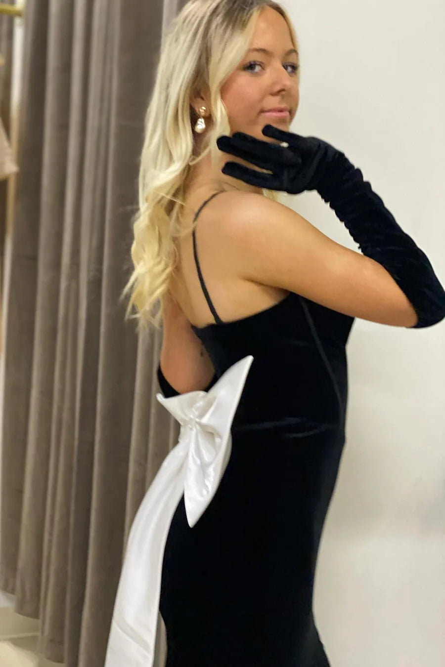 Spaghetti Strap Bow-Back Trumpet Velvet Long Gown