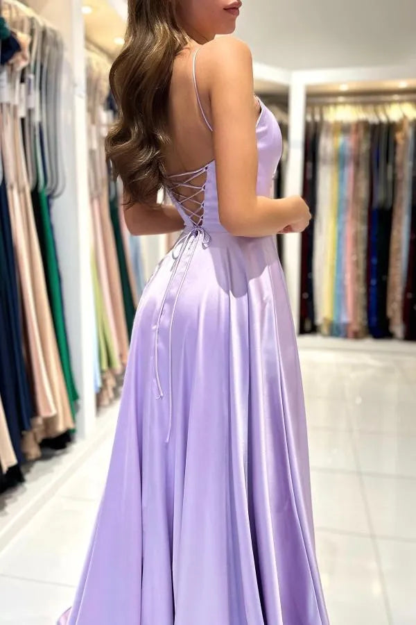 Long A-line Spaghetti Straps Satin Backless Prom Dress with Ruffles