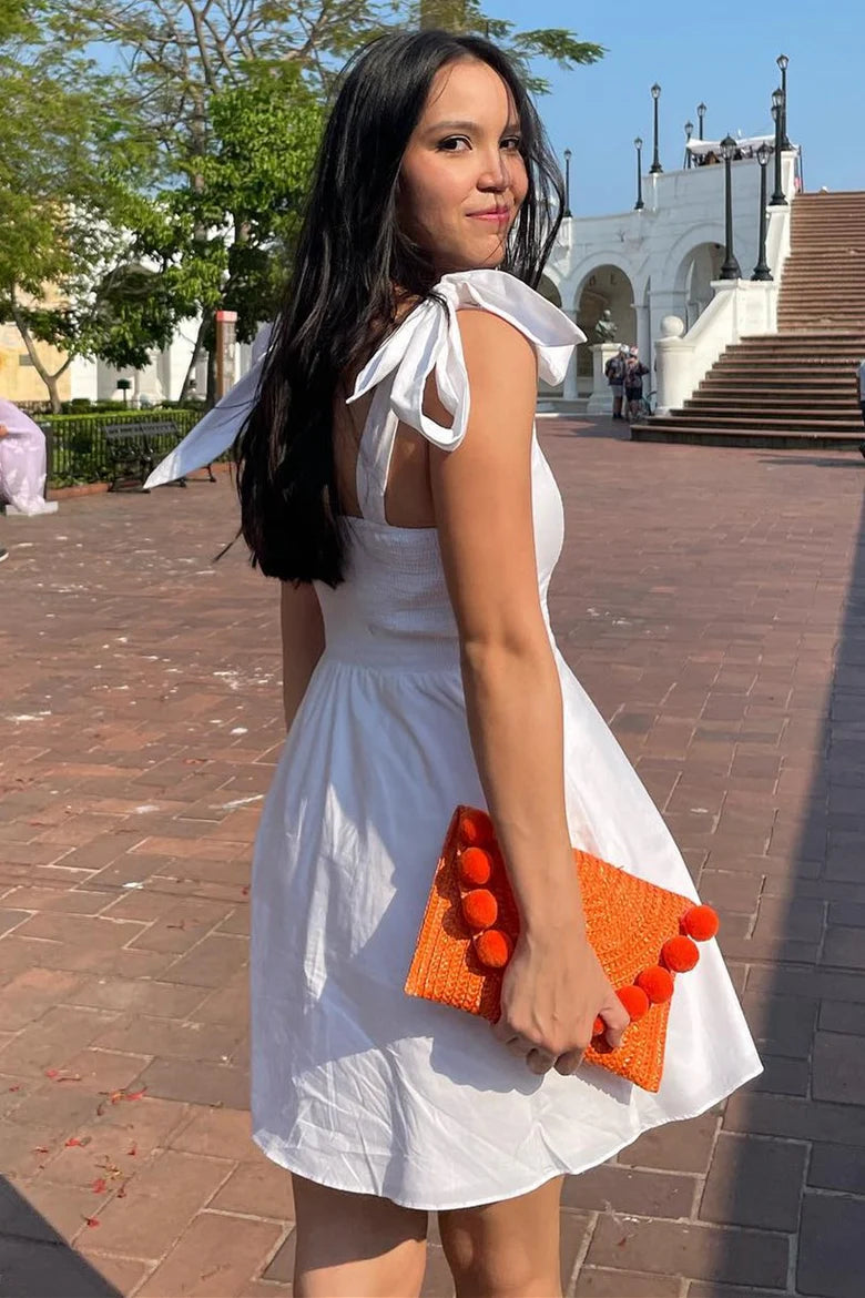 Square Neck A-Line Mini Dress with Bow Straps