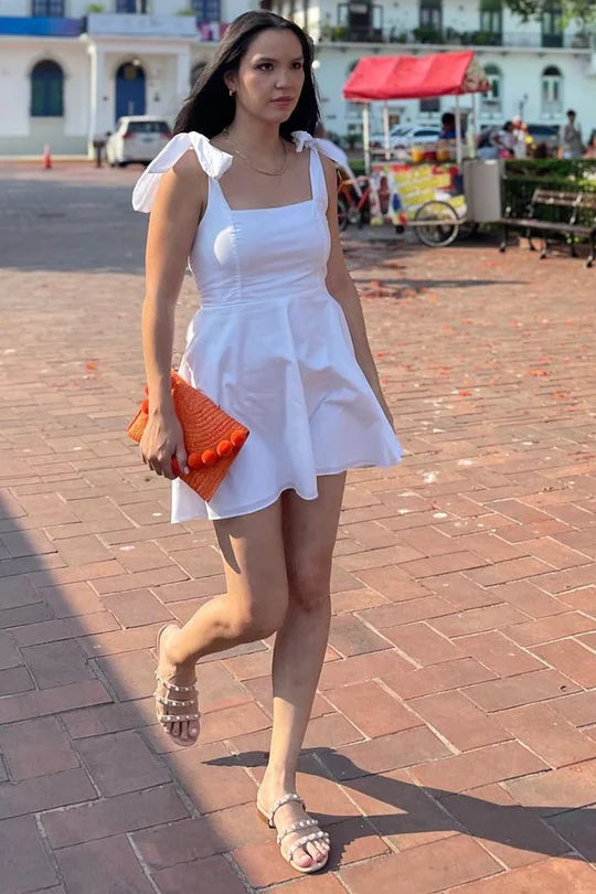 Square Neck A-Line Mini Dress with Bow Straps