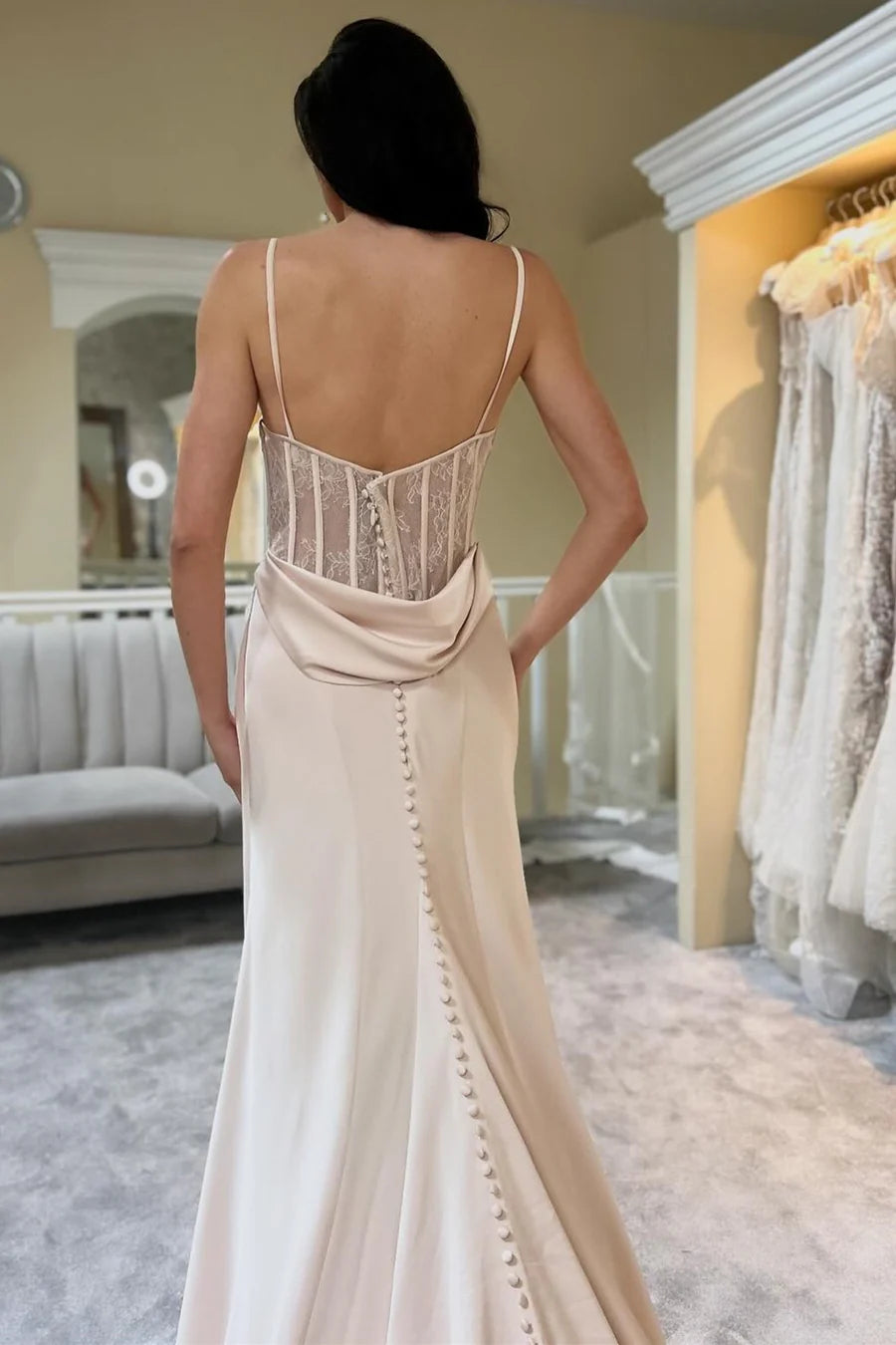Cowl-Neck Sheer Back Long Wedding Dress