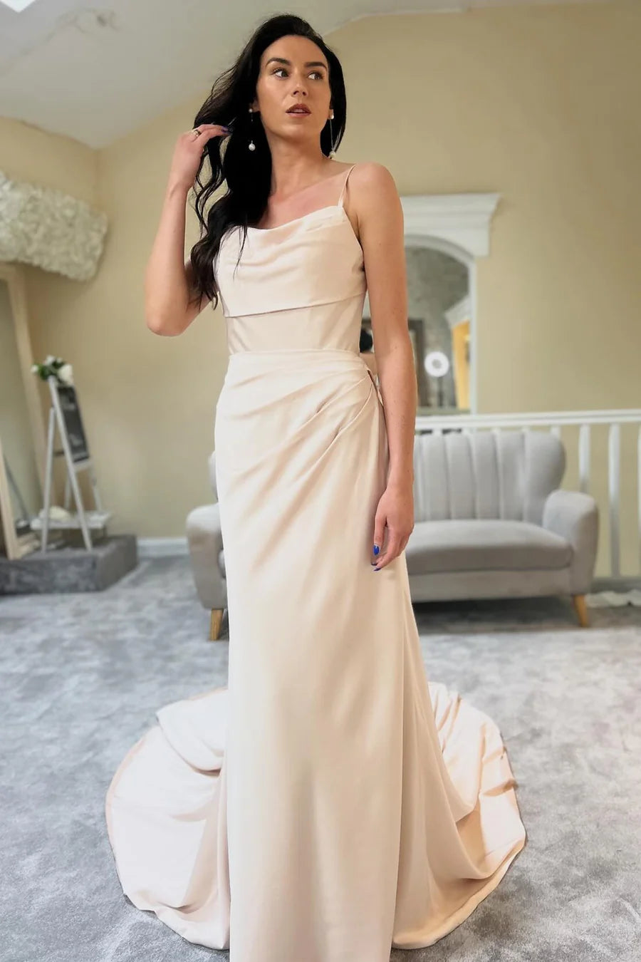 Cowl-Neck Sheer Back Long Wedding Dress