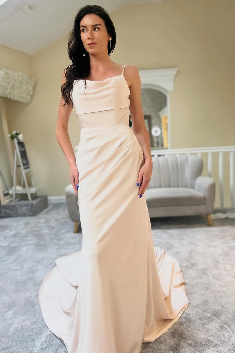 Cowl-Neck Sheer Back Long Wedding Dress