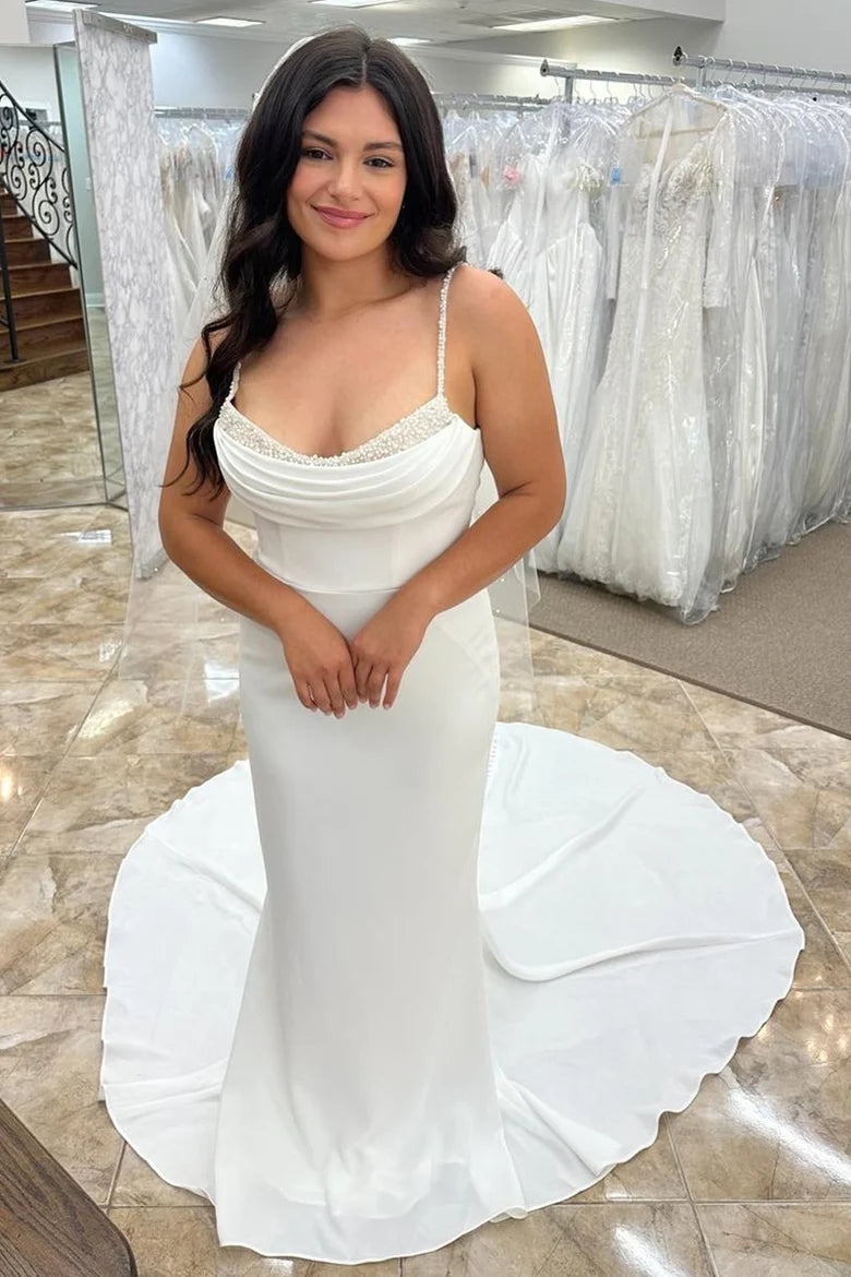 Beaded Cowl Neck Backless Long Wedding Dress