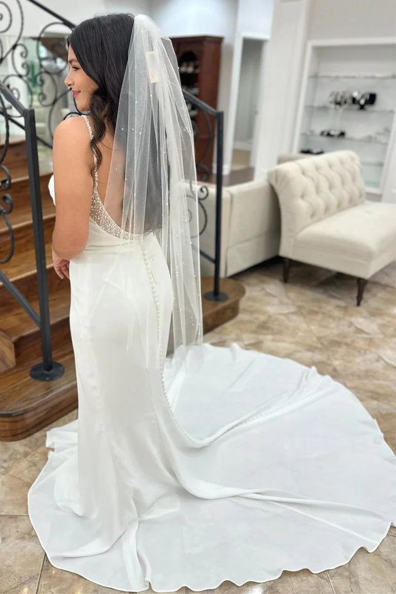 Beaded Cowl Neck Backless Long Wedding Dress
