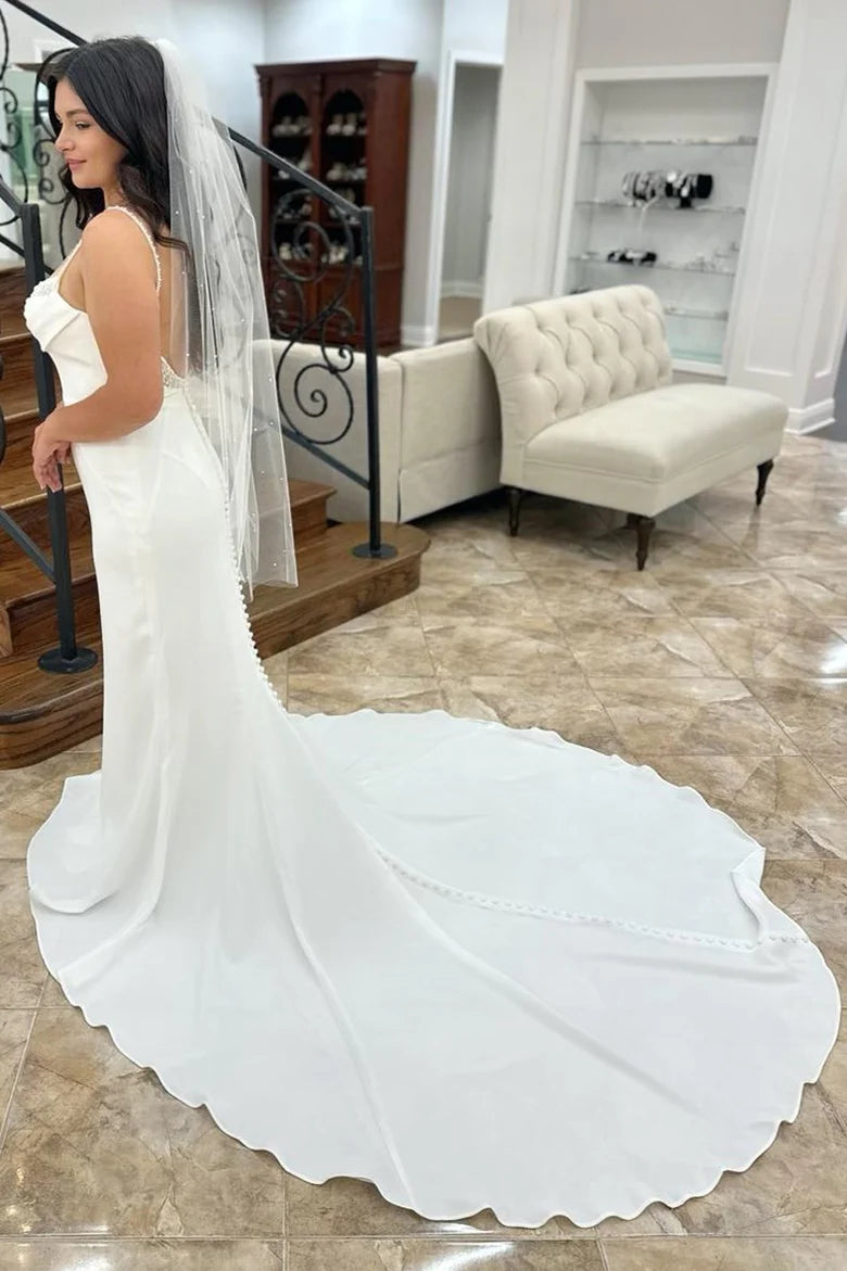Beaded Cowl Neck Backless Long Wedding Dress