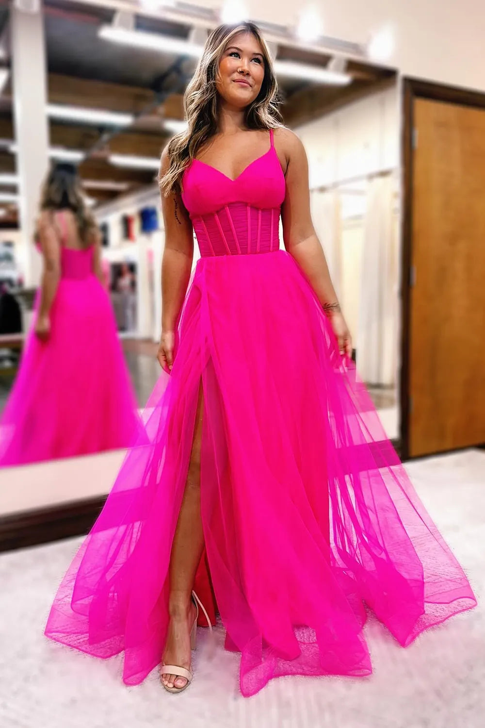 Hot Pink Spaghetti Straps A-Line Long Tulle Prom Dress with Slit