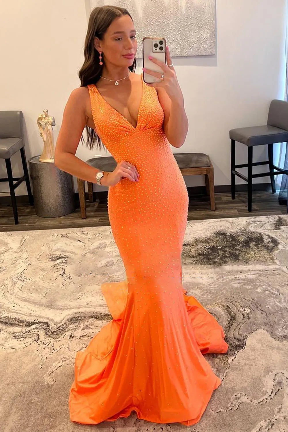 Mermaid Deep V Neck Orange Long Prom Dress with