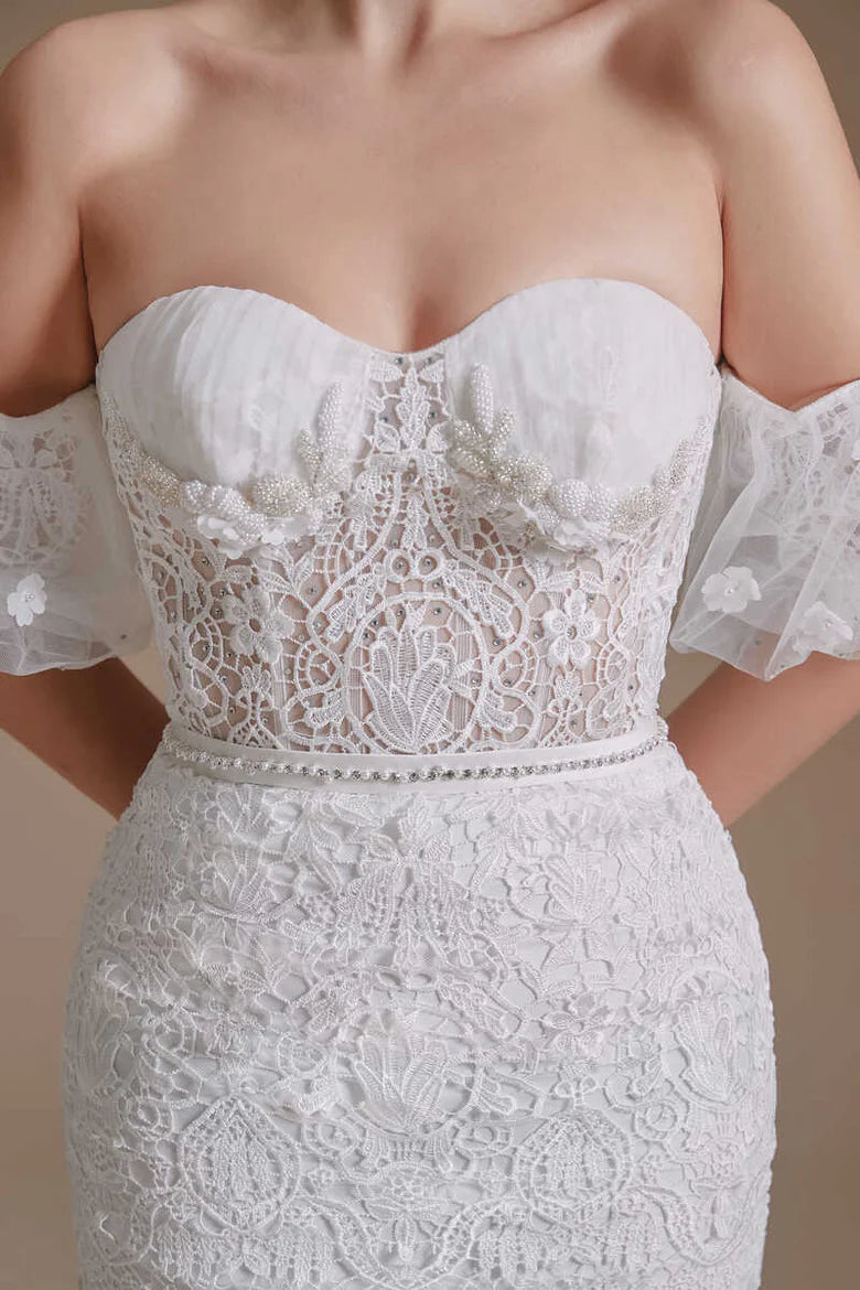 White Lace Bustier Lace-Up Mermaid Wedding Dress