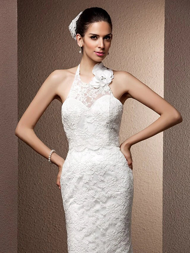 DingjiWedding Dresses Halter Neck Lace Regular Straps Open Back with Beading Flower Button