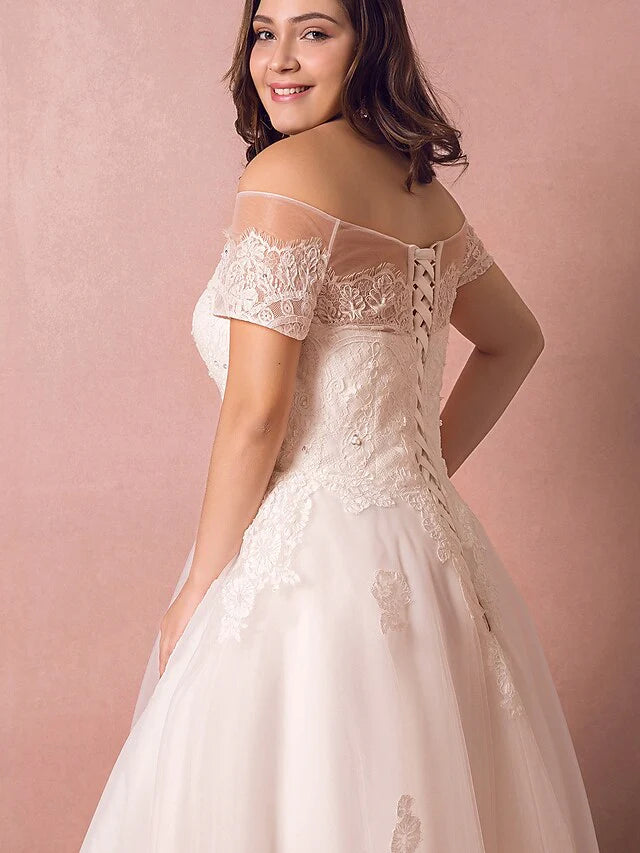 DingjiA-Line Wedding Dresses Off Shoulder Floor Length Lace Satin Tulle Short Sleeve Formal Plus Size with Lace Pearls Lace Insert