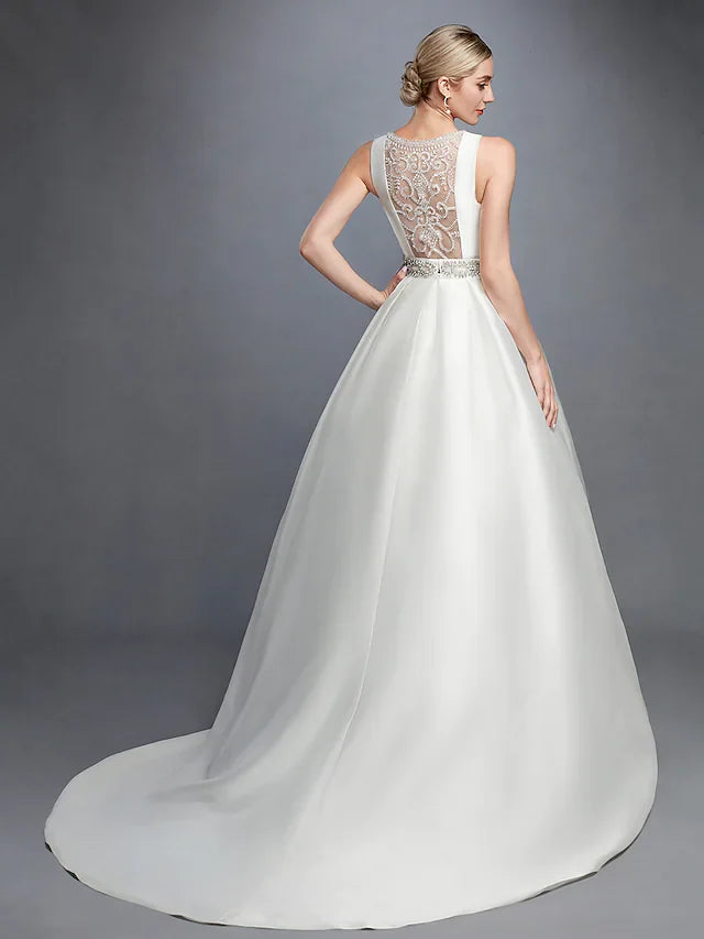 Ball Gown Wedding Dresses Bateau Neck Court Train Lace Satin Regular Straps Formal Backless with Lace Sash Ribbon Beading