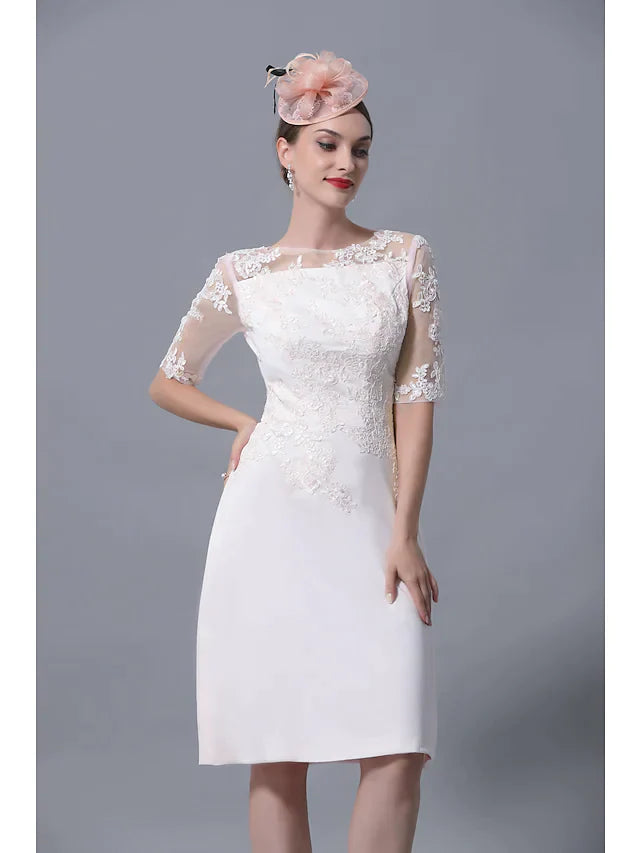 Mother of the Bride Dress Plus Size Elegant Jewel Neck Knee Length Polyester Short Sleeve with Lace