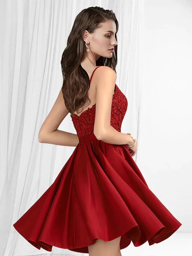 DingjiA-Line Minimalist Sexy Homecoming Party Wear Dress V Neck Spaghetti Strap Sleeveless Short Mini Lace Satin with Pleats