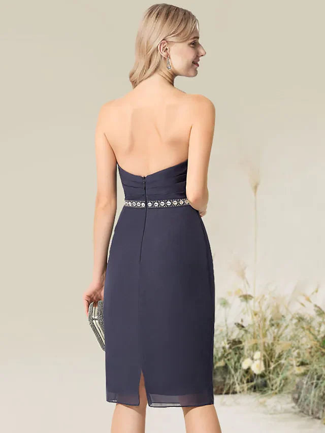 DingjiConvertible Elegant Wedding Guest Cocktail Party Dress Strapless Short Sleeve Knee Length Lace with Lace Insert Appliques