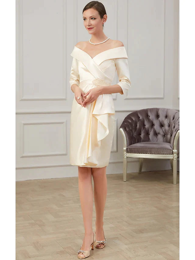 Mother of the Bride Dress Plus Size Off Shoulder Knee Length Polyester Half Sleeve with Ruffles Ruching