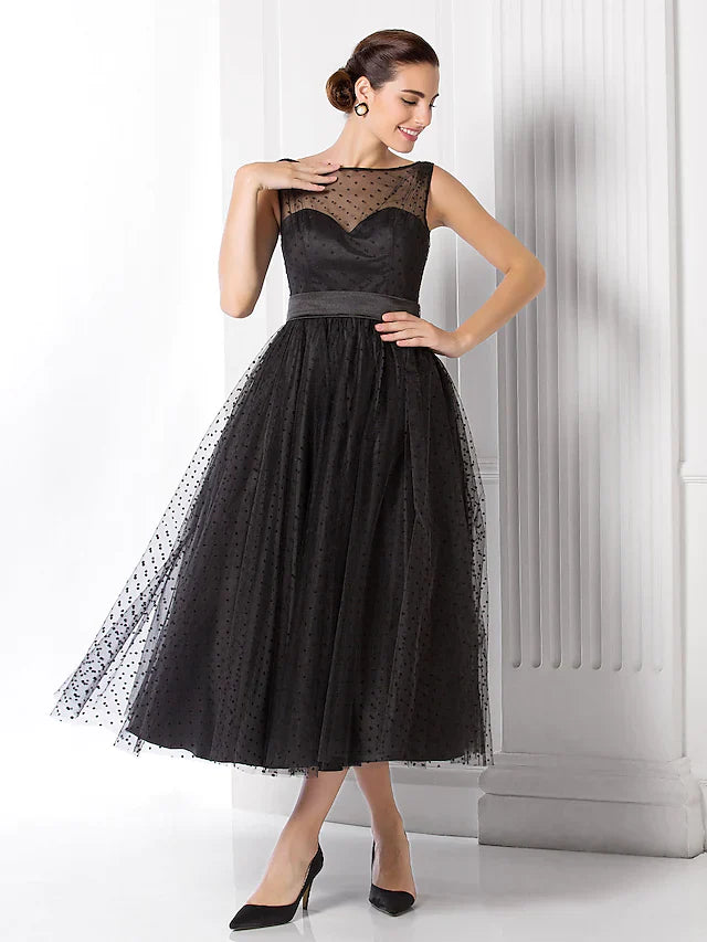 DingjiA-Line Vintage Wedding Guest Black Cocktail Party Dress Illusion Neck Sleeveless Tea Length Tulle with Pattern Print