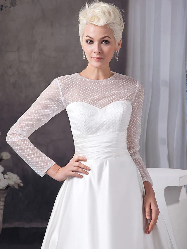 DingjiA-Line Wedding Dresses Jewel Neck Court Train Satin Tulle Length Sleeve Illusion Sleeve with Ruched