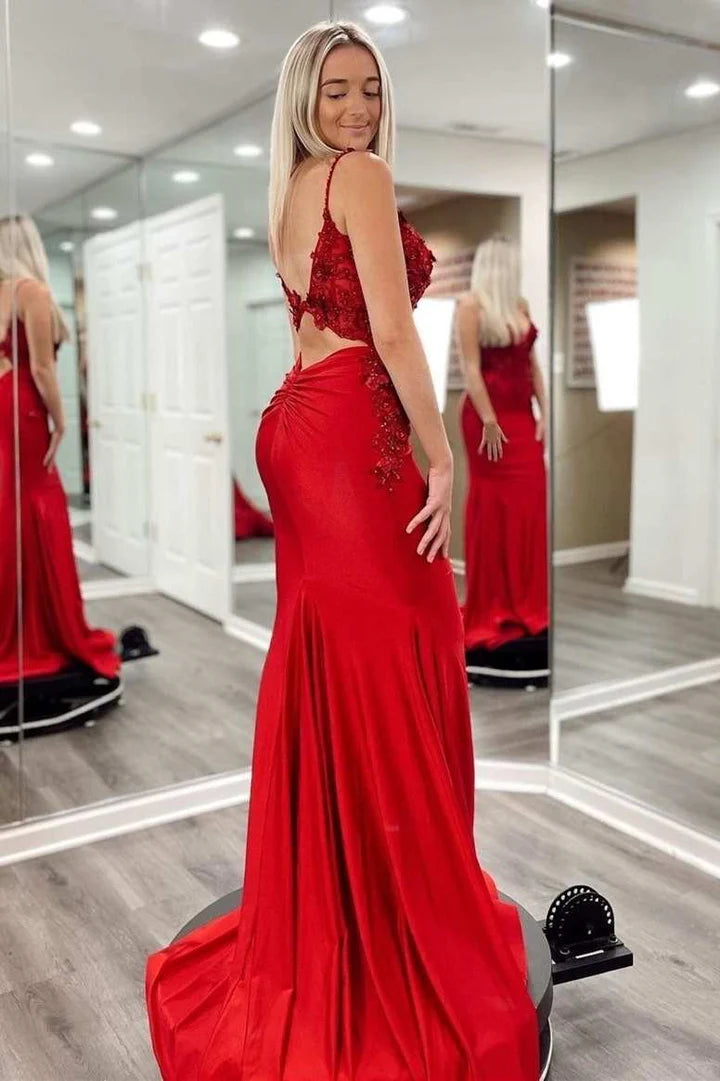 3D Floral Lace V-Neck Backless Trumpet Prom Dress